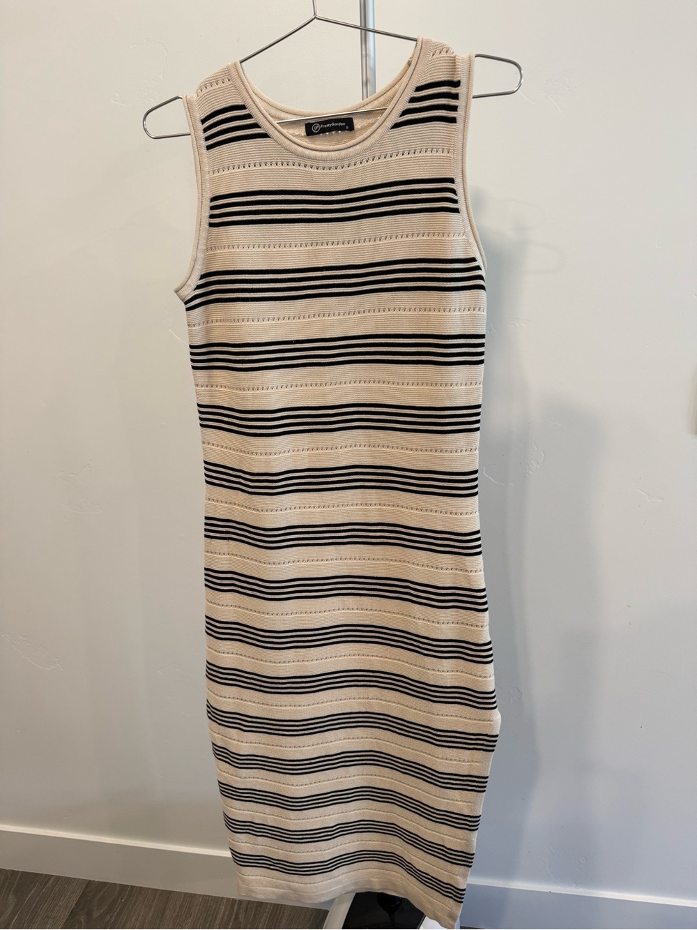 Sleeveless Beige and Black Striped Knit Midi Dress